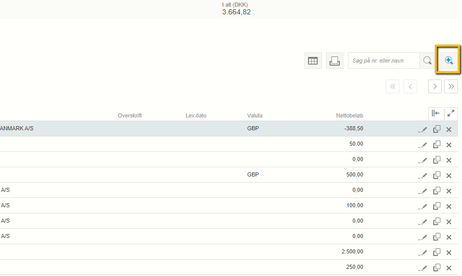 Viser ikonet for Avanceret søgning i en listevisning – bruges til at åbne specifikke filtre for at indsnævre søgeresultatet.