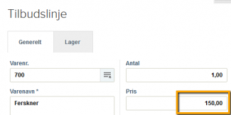 Viser prisfeltet på en tilbudslinje – bruges til at lave udregninger direkte i feltet.