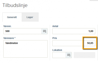 Viser en tilbudslinje i Salg – bruges til at angive vare, antal og pris på et tilbud