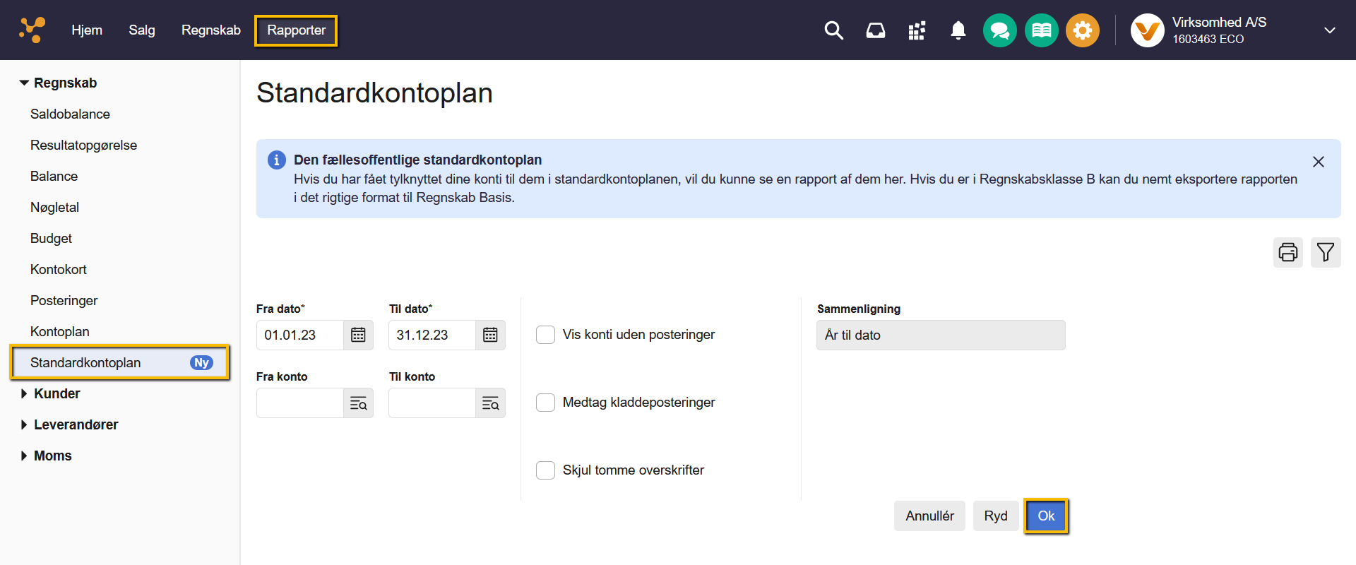Viser indstillingerne for rapporten Standardkontoplan i Rapporter – bruges til at afgrænse data før eksport til Regnskab Basis.