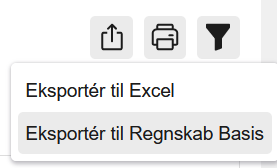 Viser valgmuligheden 'Eksportér til Regnskab Basis' i Rapporter – bruges til at eksportere rapporten til Regnskab Basis.
