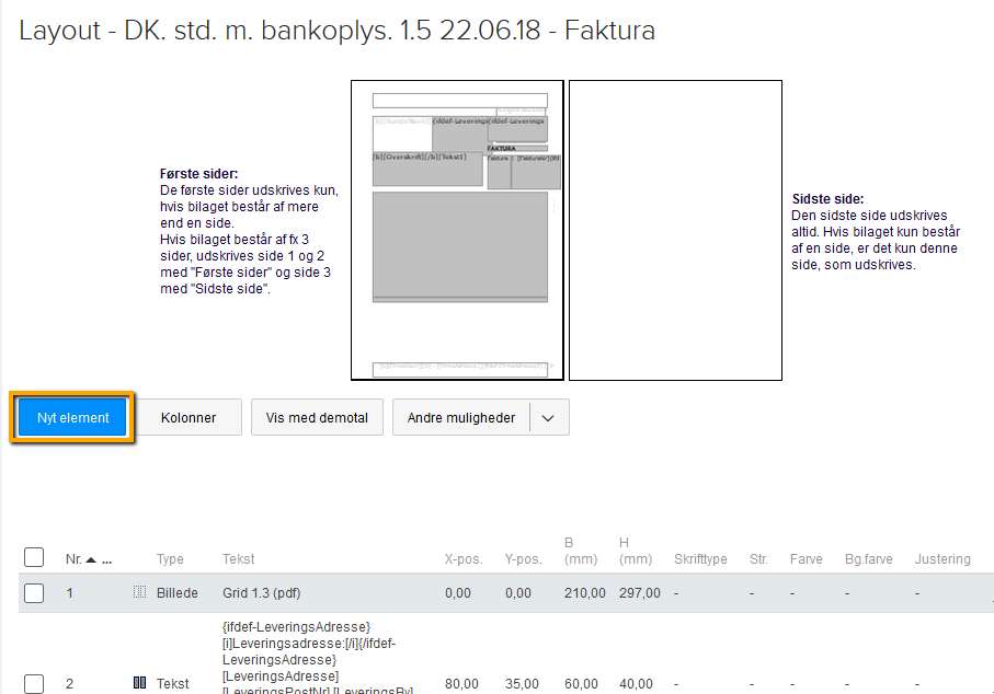 Viser knappen 'Nyt element' i layout-opsætningen – bruges til at oprette et nyt element på en fakturaskabelon.