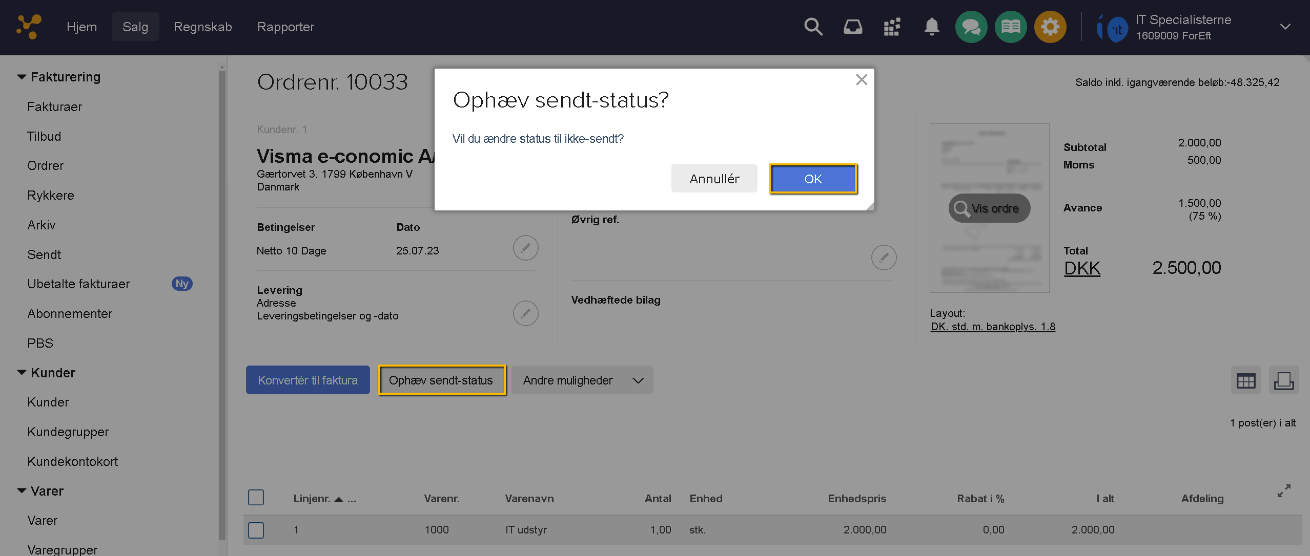 Viser bekræftelsesdialogen for at ophæve sendt-status i en ordre – bruges til at bekræfte ændringen, så ordren kan redigeres.