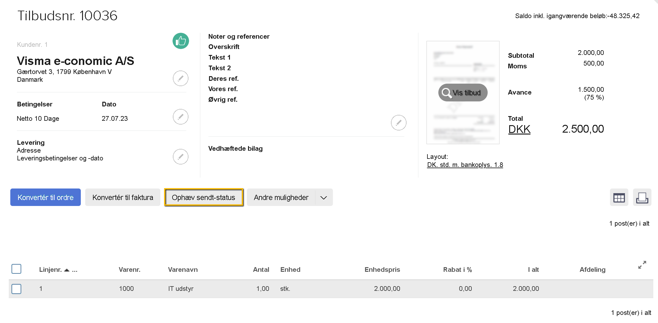 Viser knappen 'Ophæv sendt-status' på et tilbud – bruges til at gøre det muligt at redigere et allerede afsendt tilbud.