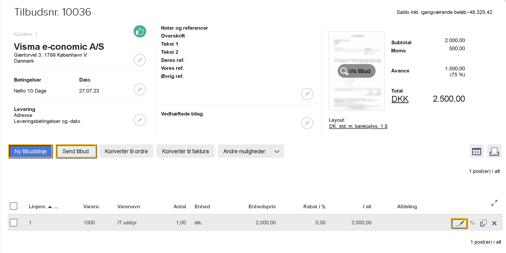 Viser blyantikonet på en tilbudslinje i et tilbud – bruges til at redigere den valgte tilbudslinje.