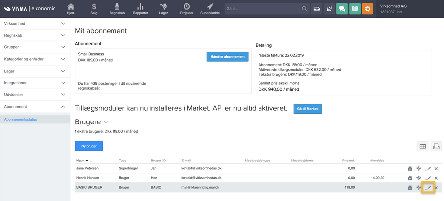 Viser redigeringsikonet for en bruger i brugeroversigten på siden "Abonnementsstatus" – bruges til at redigere brugerens adgangsrettigheder.