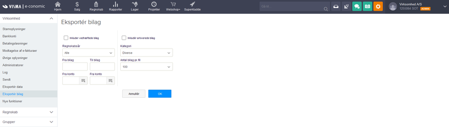 Viser indstillingerne for eksport af bilag i funktionen Eksportér bilag – bruges til at udvælge og eksportere bilag fra regnskabet.