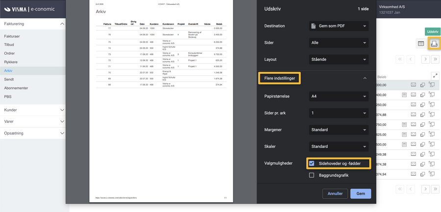 Viser indstillingen 'Sidehoveder og -fødder' i Google Chromes print-indstillinger – bruges til at tilføje oplysninger som dato og firmanavn til en udskrift.