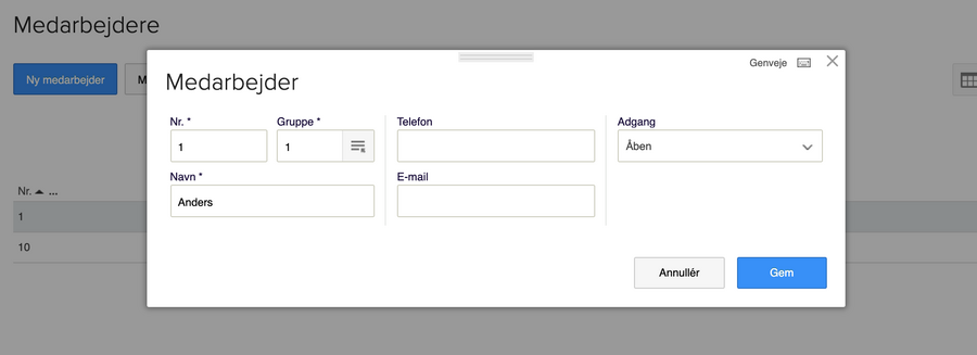Viser oprettelsesvinduet for en ny medarbejder i medarbejderopsætningen – bruges til at indtaste oplysninger og oprette en ny medarbejder i systemet.