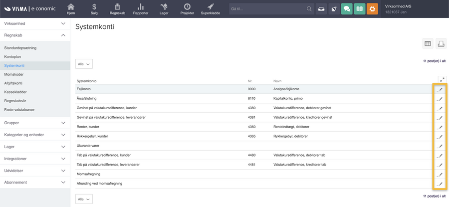 Viser redigeringsikonerne i oversigten 'Systemkonti' – bruges til at rette de enkelte systemkonti.