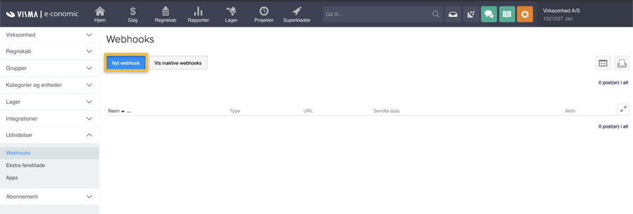 Viser knappen "Nyt webhook" i Webhooks-oversigten – bruges til at oprette et nyt webhook.