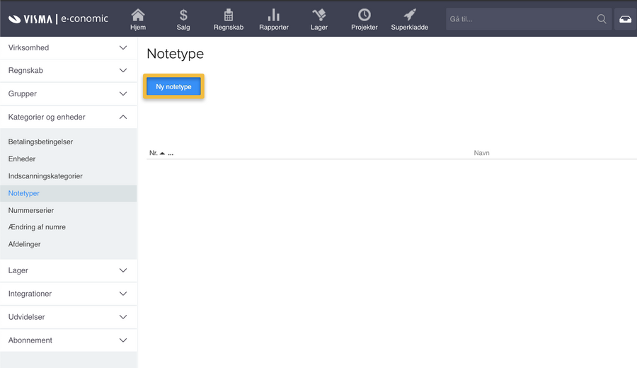 Viser knappen 'Ny notetype' i Notetyper-oversigten – bruges til at oprette en ny notetype.