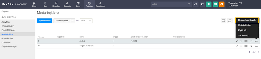 Viser menupunktet 'Registreringsintervaller' i 'flere'-menuen i medarbejderoversigten – bruges til at gå til oprettelse af registreringsintervaller for en medarbejder.
