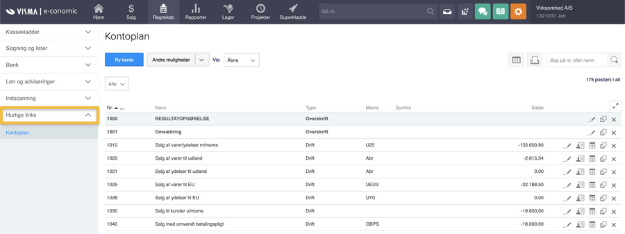 Viser den oprettede 'Hurtige links'-sektion i sidemenuen – bruges til at give hurtig adgang til udvalgte menupunkter