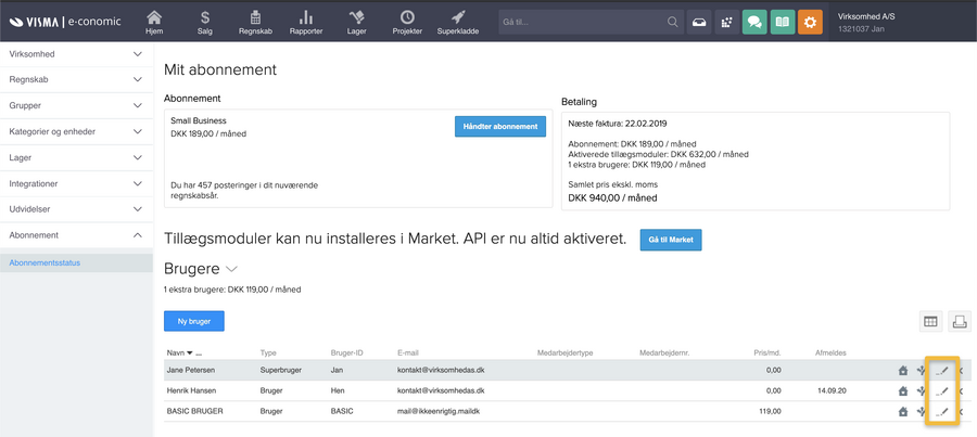 Viser Redigér-ikonet i Abonnementsstatus – bruges til at redigere en brugers indstillinger