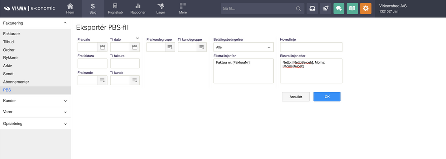 Viser funktionen 'Eksportér PBS-fil' i Salg-modulet – bruges til at oprette en fil med fakturaer til automatisk opkrævning via PBS.