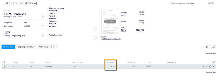 Viser den opdaterede enhedspris på en fakturalinje i en fakturakladde – bruges til at se resultatet af en abonnementskørsel med indeksregulering.