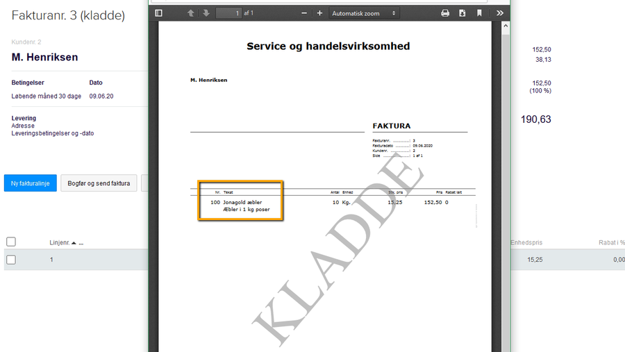 Viser varenavn og beskrivelse på én linje i en faktura – bruges til at illustrere resultatet af at slå de to felter sammen.