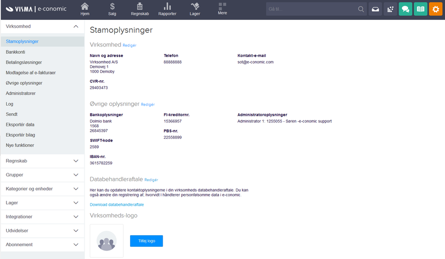 Viser oversigten i Stamoplysninger – bruges til at se og redigere virksomhedens centrale data.