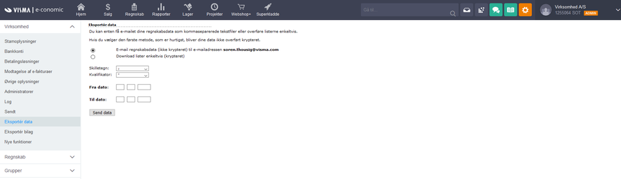 Viser funktionen 'Eksporter data' i virksomhedsindstillingerne – bruges til at eksportere en kopi af regnskabsdata fra systemet.