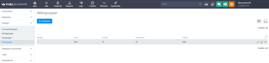 Viser oversigten over aktivgrupper i stamdata – bruges til at oprette og administrere virksomhedens aktivgrupper.
