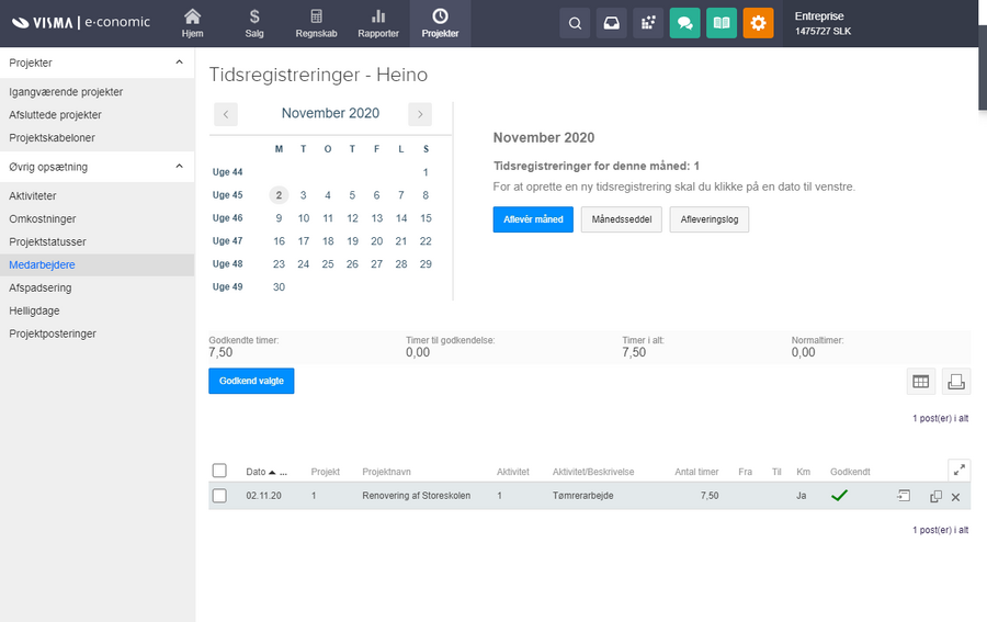 Viser en medarbejders tidsregistreringer i projektmodulet – bruges til at få overblik over og godkende den registrerede tid.