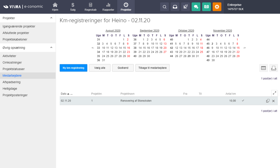 Viser oversigten over km-registreringer i Projektstyring – bruges til at godkende eller returnere en medarbejders indberetning.