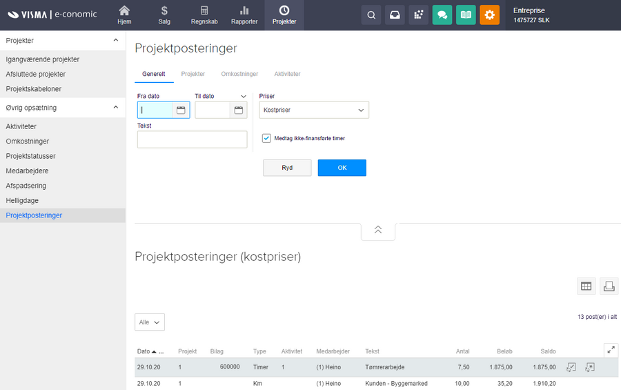 Viser oversigten 'Projektposteringer' i Projekter-modulet – bruges til at finde og få et samlet overblik over posteringer på tværs af projekter.
