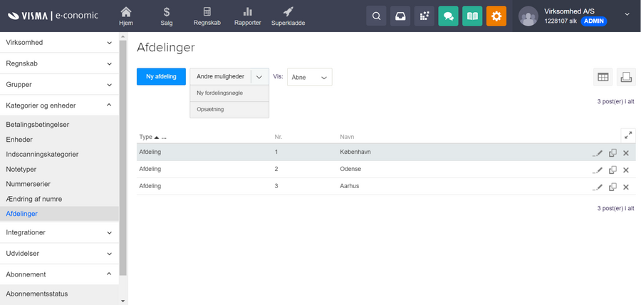 Viser oversigten i systemområdet Afdelinger – bruges til at se, oprette og administrere virksomhedens afdelinger.