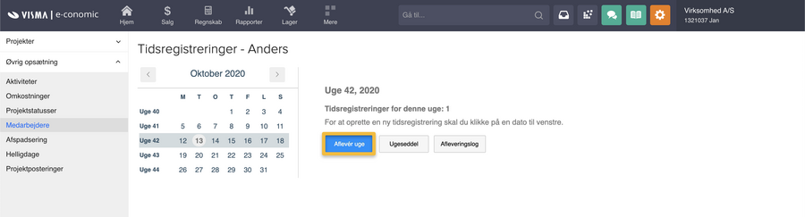 Viser knappen 'Aflever uge' i medarbejderens tidsregistrering – bruges til at aflevere de registrerede timer for en valgt uge.
