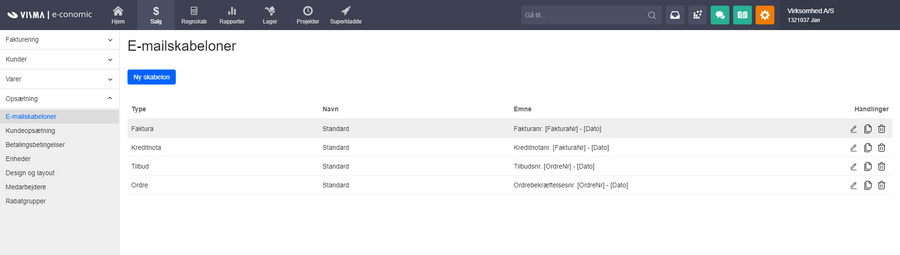 Viser oversigten over e-mailskabeloner i Salg – bruges til at administrere de skabeloner, der bruges ved afsendelse af salgsdokumenter.