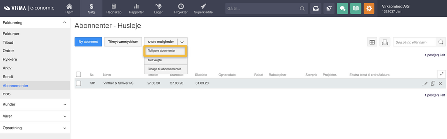 Viser valgmuligheden 'Tidligere abonnenter' i abonnentoversigten – bruges til at se en liste over tidligere abonnenter.