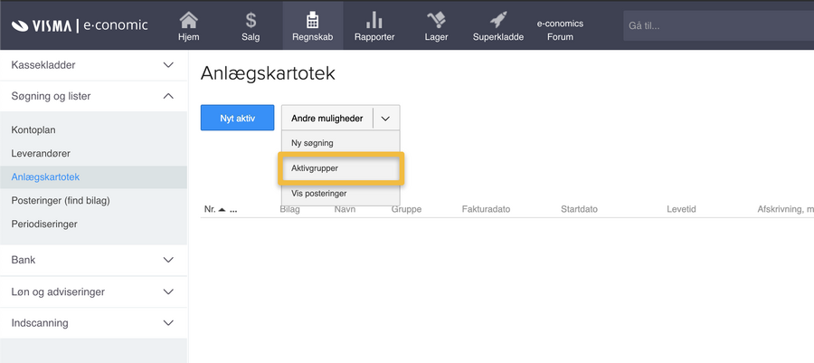 Viser menupunktet 'Aktivgrupper' i Anlægskartotek – bruges til at åbne listen med aktivgrupper.