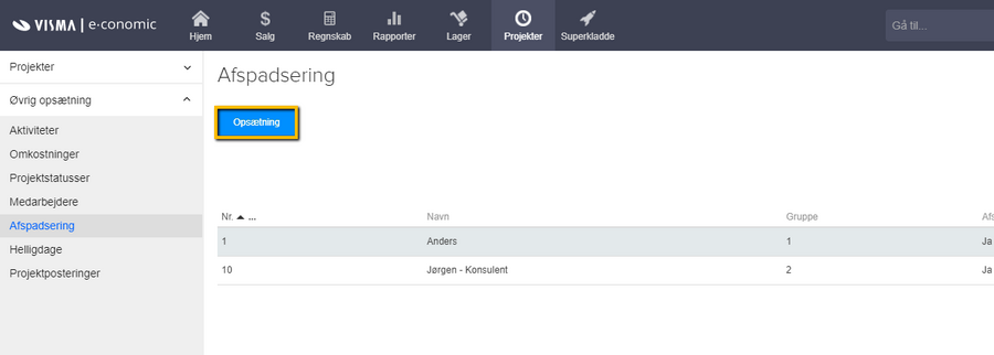 Viser knappen 'Opsætning' i afspadseringsoversigten – bruges til at opsætte afspadseringsregnskabet.
