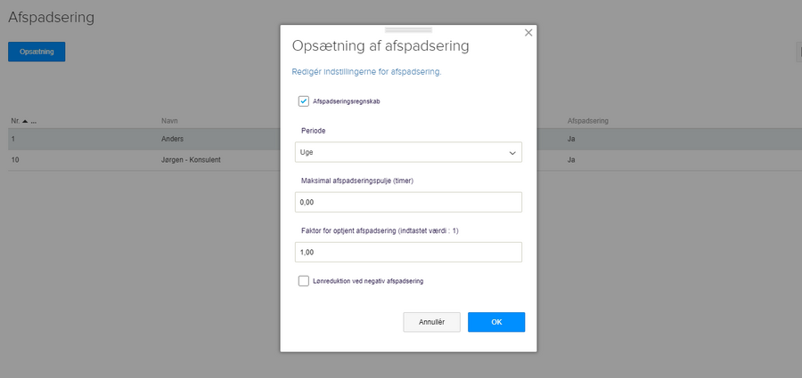 Viser opsætningsvinduet for afspadsering i Projektmodulet – bruges til at aktivere og definere reglerne for afspadseringsregnskabet.