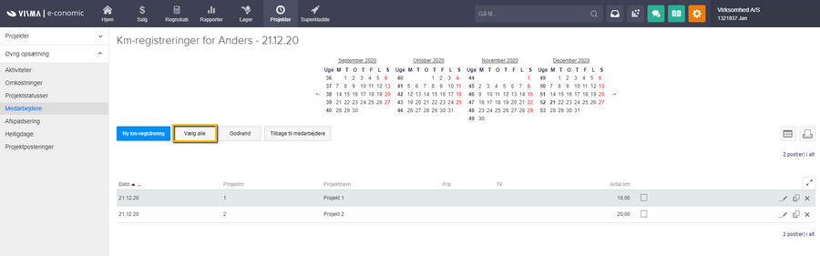 Viser 'Vælg alle'-knappen i listen over en medarbejders km-registreringer – bruges til at markere alle registreringer til samlet godkendelse.