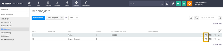 Viser ikonet for Tidsregistrering i medarbejderoversigten – bruges til at åbne en medarbejders tidsregistreringer.