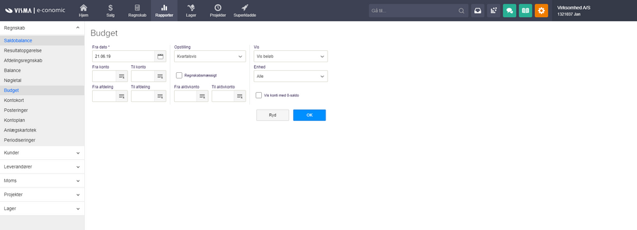 Viser filterindstillinger for budgetrapporten i Rapporter – bruges til at definere og generere en budgetrapport.