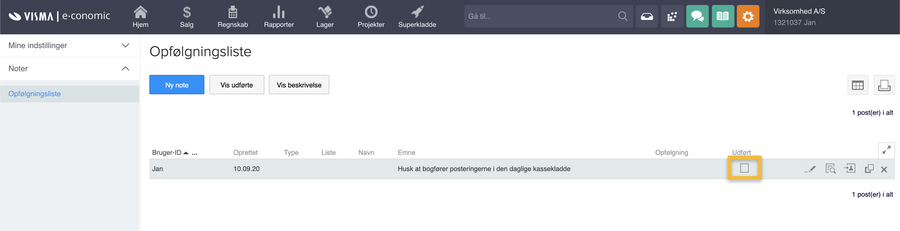 Viser afkrydsningsfeltet 'Udført' i Opfølgningslisten – bruges til at markere en opfølgning som udført.