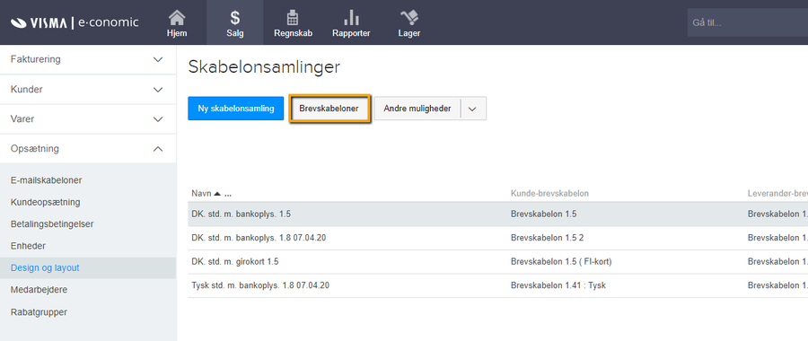 Viser 'Brevskabeloner'-fanen i Skabelonsamlinger – bruges til at få adgang til listen over brevskabeloner