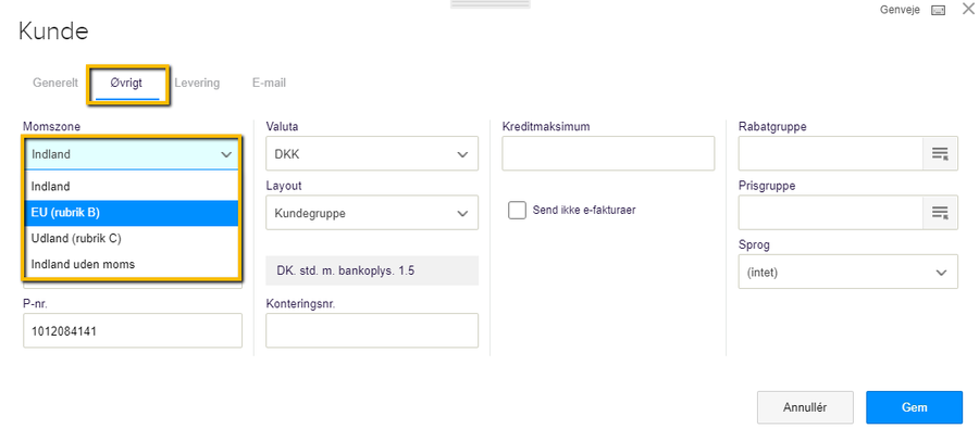 Viser valg af momszone i kundekortets Øvrigt-faneblad – bruges til at definere en kundes momstype ved salg til udlandet.