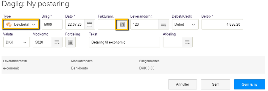 Viser en ny postering af typen 'Leverandørbetaling' i kassekladden – bruges til at bogføre en betaling til en leverandør