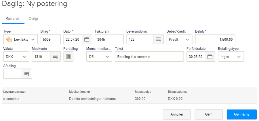 Viser dialogboksen 'Ny postering' i kassekladden – bruges til at oprette en leverandørfaktura.
