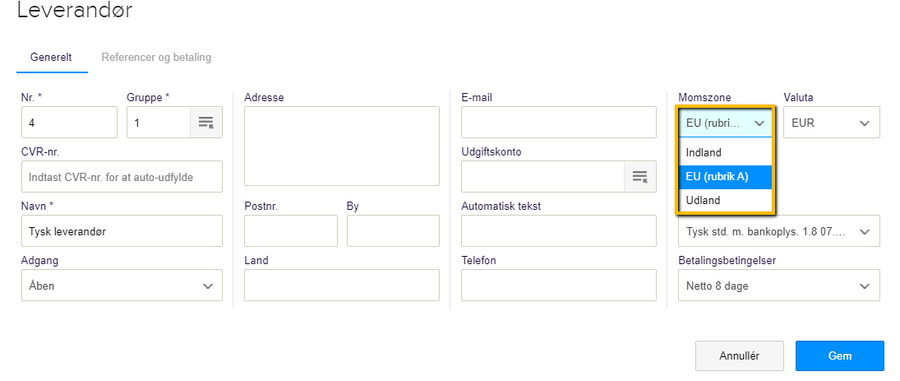 Viser valg af momszone i leverandørkartoteket – bruges til at sikre automatisk korrekt moms, valuta og kurs på leverandørfakturaer.