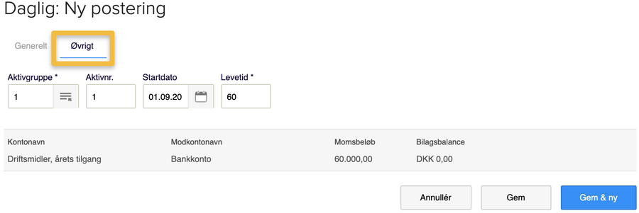 Viser fanen 'Øvrigt' i en ny postering – bruges til at indtaste oplysninger om et nyt anlægsaktiv.
