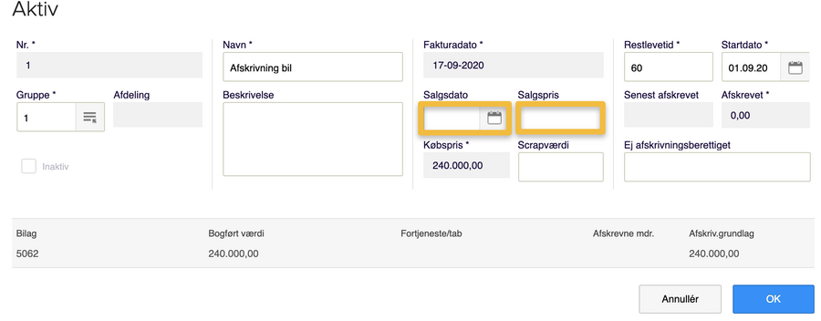 Viser felterne 'Salgsdato' og 'Salgspris' i aktivkortet – bruges til at registrere afskaffelsen af et anlægsaktiv.