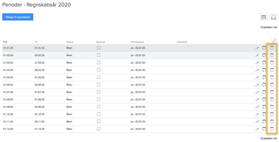 Viser Afskriv-ikonet i periodeoversigten – bruges til at starte afskrivning for en given periode.