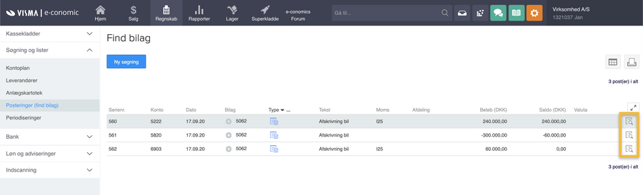 Viser ikonet 'Vis transaktioner' i listen 'Posteringer (find bilag)' – bruges til at åbne bilagets transaktioner for at kunne tilbageføre posteringen.