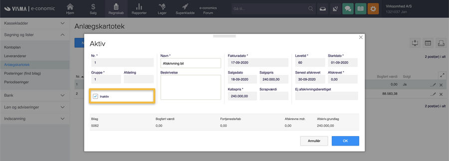 Viser afkrydsningsfeltet 'Inaktiv' på et aktiv i Anlægskartoteket – bruges til at fjerne aktivet fra anlægsaktivrapporten.