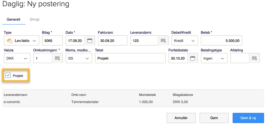 Viser afkrydsningsfeltet 'Projekt' i en ny postering – bruges til at tilknytte posteringen til et projekt.